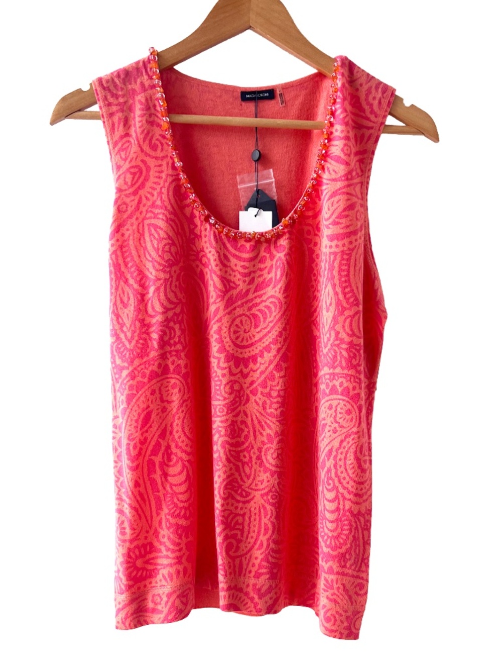 Magaschoni Coral Pink Cotton Tank Top with Beaded Neckline | SizeL | NWT